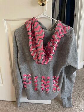 PINK Victoria's Secret Gray Hoodie with Pink and Silver Sequin Chevron Accent